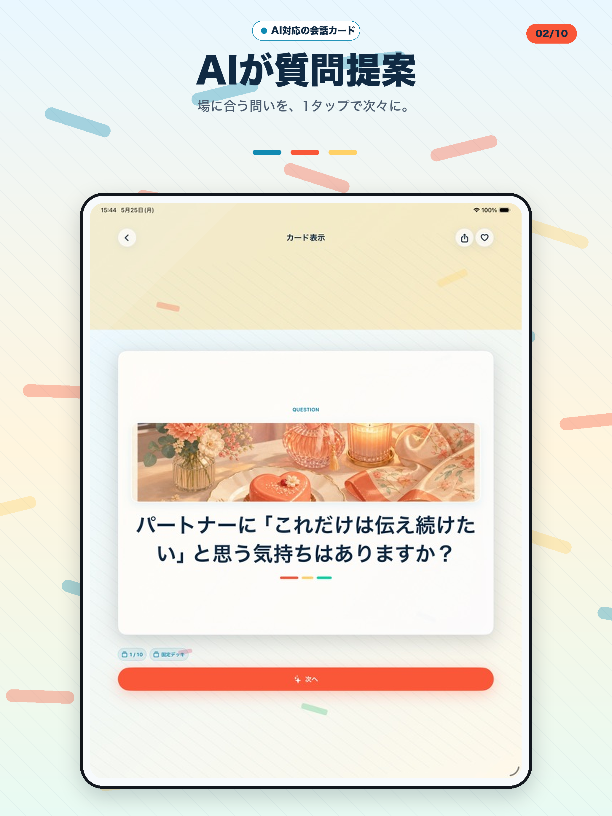 iPad の質問カード表示画面。中央に大きな質問テキスト、下部に『お気に入り』『次へ』ボタン。